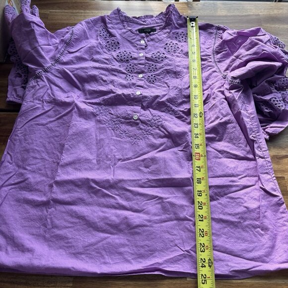 J. CREW Ruffle Sleeve Peasant Blouse Purple Eyelet Top Cottagecore Size L Preppy - Picture 3 of 14